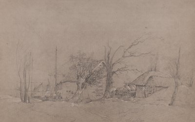 Edificios de granja junto a la orilla de un río, c.1840 de English School