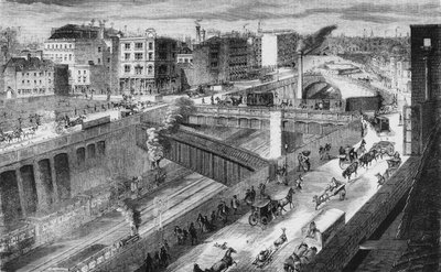 Farringdon Road y el Ferrocarril Metropolitano mirando al norte de English School