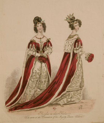 Placa de moda que representa a las damas con trajes de coronación de English School