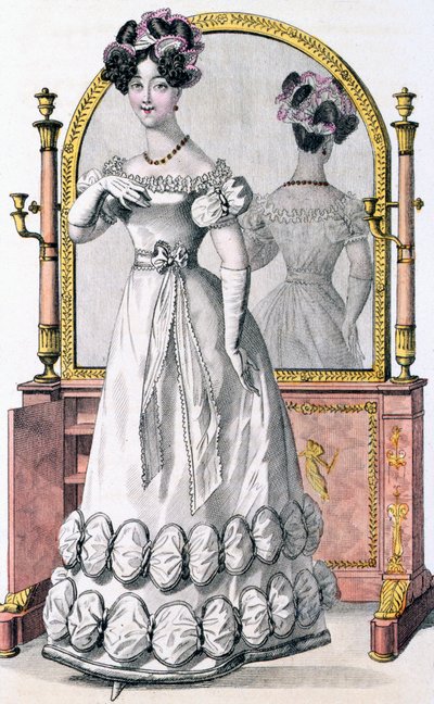 Placa de moda de una dama en vestido de noche, anuncio de 