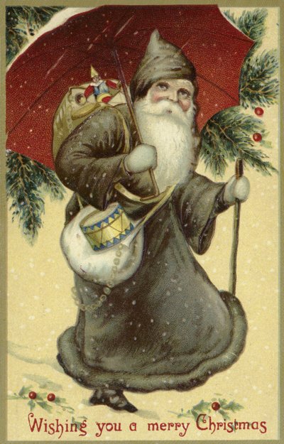 Papá Noel con un abrigo de piel, llevando regalos de English School