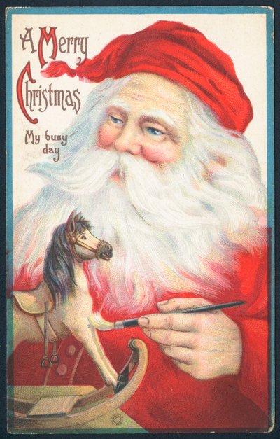 Papá Noel pintando un caballo de juguete de English School