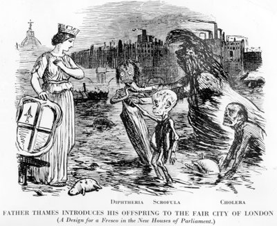El Padre Támesis Presentando a su Descendencia a la Bella Ciudad de Londres, siendo la descendencia Difteria, Escrofula y Cólera. Más una alcantarilla abierta que un río, el estado repugnante del Támesis en Londres. de English School