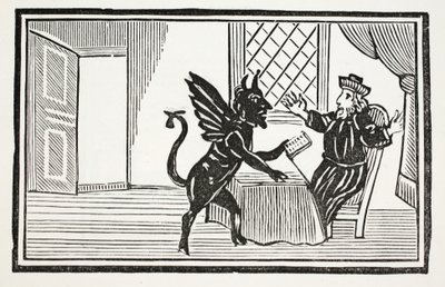 Fausto advertido por el Espíritu de su fin, ilustración de Chap-books del Siglo XVIII de John Ashton, pub. 1882 de English School