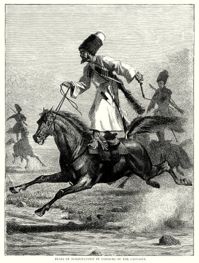 Hazañas ecuestres de los cosacos del Cáucaso (grabado) de English School
