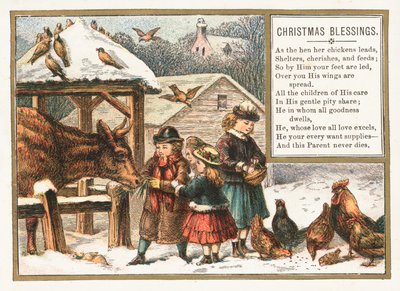 Alimentando a los animales en la nieve, tarjeta de Navidad de English School