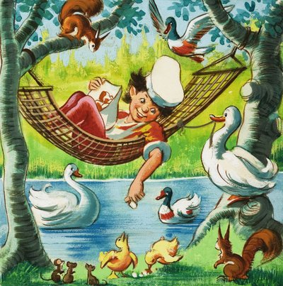 Alimentando patos desde una hamaca de English School