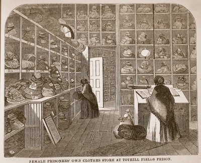Tienda de ropa propia de prisioneras en la prisión de Tothill Fields, ilustración de Las prisiones criminales de Londres y escenas de la vida en prisión de Henry Mayhew y John Binny, pub. 1862 de English School