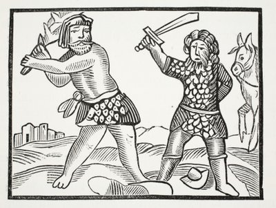 Ferragus levanta un poderoso ejército y sitia la ciudad de Aquitania, ilustración de Chap-books del Siglo XVIII de John Ashton, pub. 1882 de English School