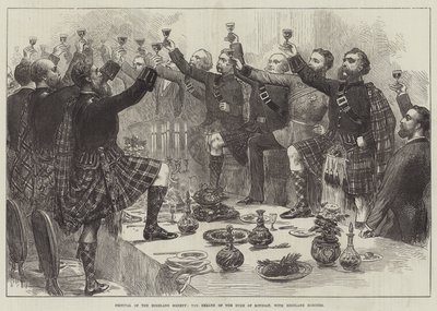 Festival de la Sociedad de las Tierras Altas, brindis por la salud del Duque de Rothsay, con honores de las Tierras Altas (grabado) de English School