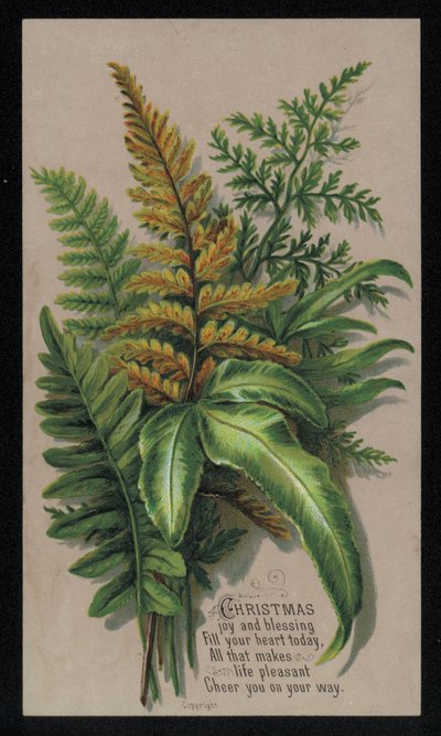 Arreglo festivo de hojas, tarjeta navideña (chromolitho) de English School