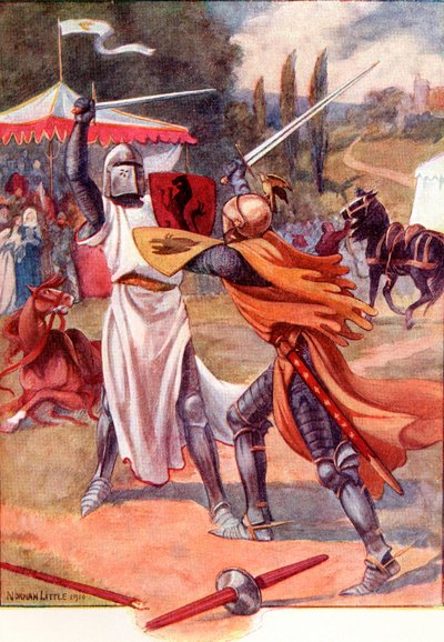 Caballeros de combate con armadura. Ilustración coloreada del libro The Gateway to Tennyson publicado en 1910. de English School