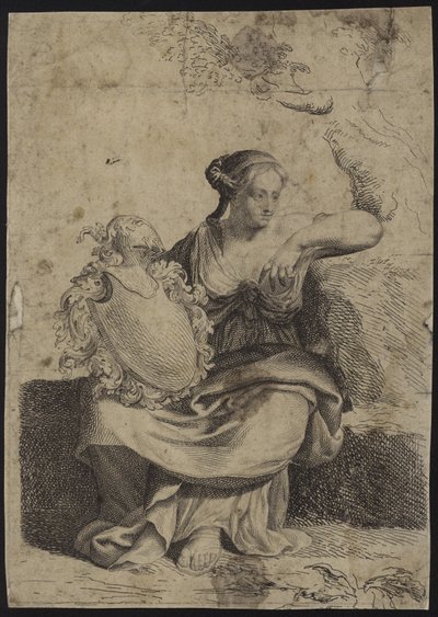 Figura de una mujer sentada con un marco decorativo de English School