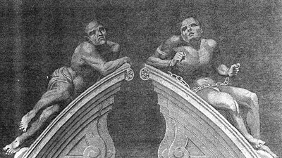 Figuras sobre la Puerta del Hospital de Belén, grabado por A. Birrell para la Historia de Londres de Lambert, 1805 de English School