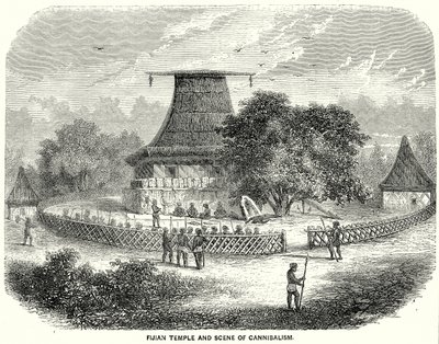Templo de Fiyi y escena de canibalismo (grabado) de English School