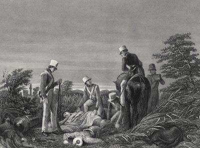 Encontrando los colores del 24º Regimiento después de la batalla de Chillianwallah, c.1850 (grabado) de English School