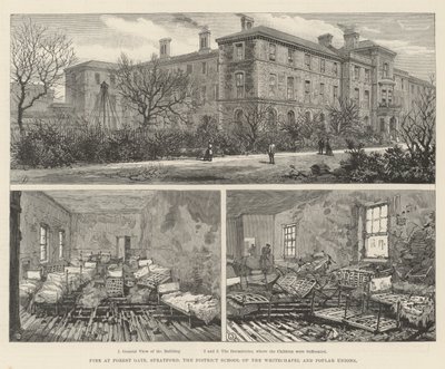 Incendio en Forest Gate, Stratford, la escuela del distrito de las uniones de Whitechapel y Poplar de English School