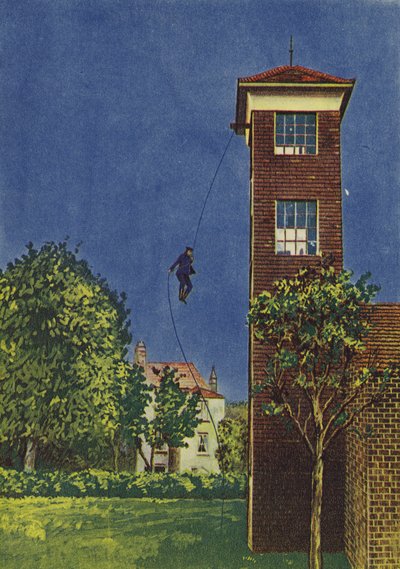 Bombero haciendo una caída de sesenta pies por medio de una sola línea (litografia de color) de English School