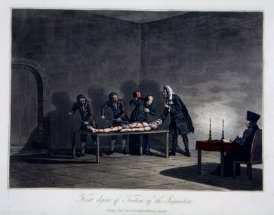 Primer grado de tortura de la Inquisición, grabado por L.C. Stadler, publicado por Cadell & Davies, Londres, c.1813 (grabado en color) de English School