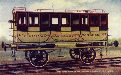 Coche de primera clase en el Ferrocarril de Liverpool y Manchester en 1838 de English School