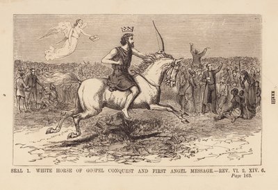 Primer sello, caballo blanco de la conquista evangélica y mensaje del primer ángel (grabado) de English School