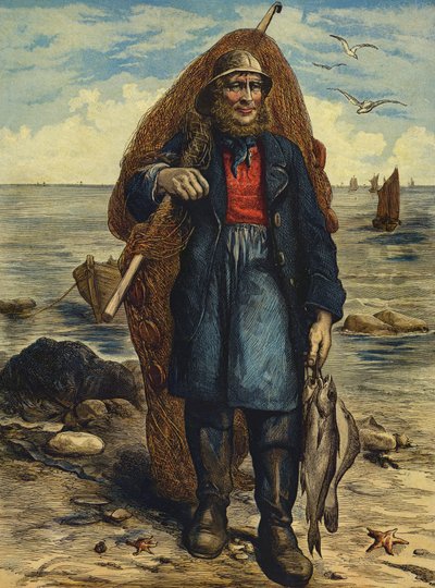 Pescador llevando sus redes y sosteniendo su pesca de English School