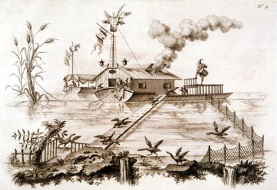 Pesca con cormoranes usando un bote de agua y un recinto vallado, ilustración de 