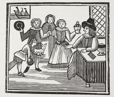 Fitzwarren recibiendo las aventuras de sus sirvientes, ilustración de Chap-books del siglo XVIII de John Ashton, pub. 1882 de English School