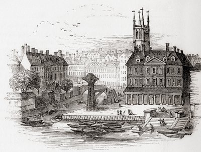 Fleet Ditch, Londres, Inglaterra en 1749 en el punto en el que desemboca en el Támesis en Bridewell, de Old England: A Pictorial Museum, pub. 1847 de English School