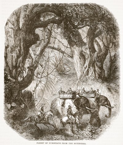 Huida de los europeos de los amotinados, ilustración de la Historia Ilustrada de Inglaterra de Cassell de English School