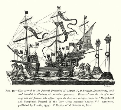 Carroza llevada en el cortejo fúnebre de Carlos V en Bruselas, 29 de diciembre de 1558, destinada a ilustrar su grandeza marítima (grabado) de English School