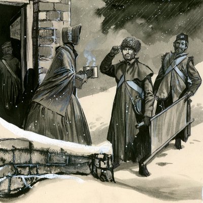 Florence Nightingale saludando a los soldados en la nieve de English School