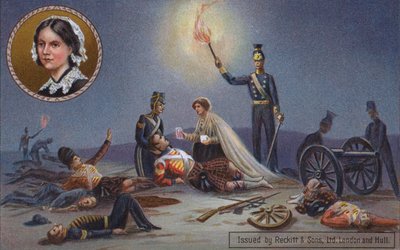 Florence Nightingale atendiendo a soldados británicos heridos en el campo de batalla, Guerra de Crimea de English School