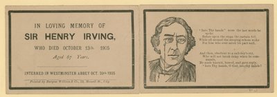 Tarjeta plegable anotando el fallecimiento de Sir Henry Irving, actor, quien murió el 13 de octubre de 1905 de English School