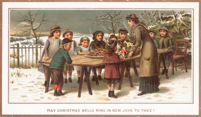 Comida y juguetes en una mesa para niños, tarjeta de Navidad de English School
