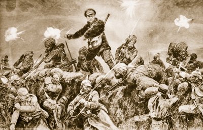 Por la gloria del Raj: Tropas indias cargando contra las trincheras alemanas en Neuve Chapelle, marzo de 1915, 1914-19 de English School