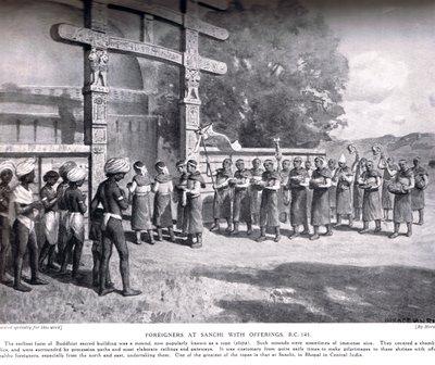 Extranjeros en Sanchi con ofrendas en 145 a.C., ilustración de la Historia de las Naciones de Hutchinson, c.1910 de English School