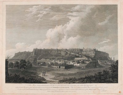 Fortaleza de Gwalior (grabado en línea, coloreado) de English School