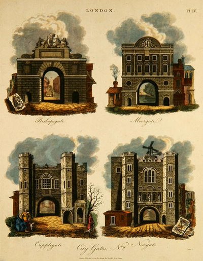 Cuatro puertas de la ciudad: Bishopsgate, Moorgate, Cripplegate y Newgate, grabado por J. Pass, publicado por G. Jones de English School