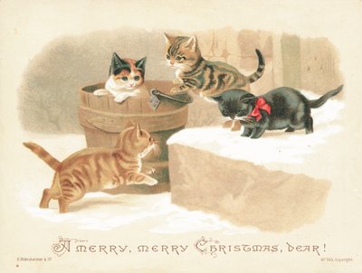 Cuatro gatitos jugando, tarjeta de Navidad de English School