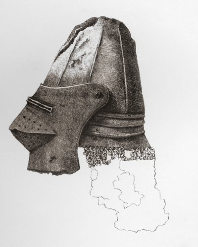 Bajel visado del siglo XIV, casi globoso, con camaleón adosado, procedente del castillo de Warwick. Del libro The British Army: Its Origins, Progress and Equipment, publicado en 1868. de English School