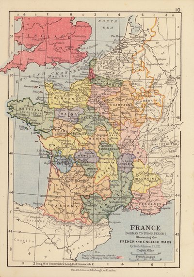 Francia, periodo normando a Tudor, ilustración de las guerras francesas e inglesas (litografía en color) de English School