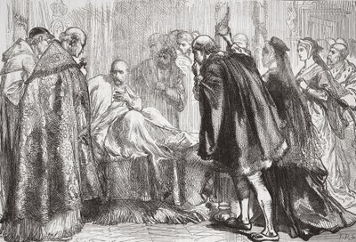 Francisco I en su lecho de muerte, ilustración de La Historia del Protestantismo de James Aitken Wylie, pub. 1878 de English School
