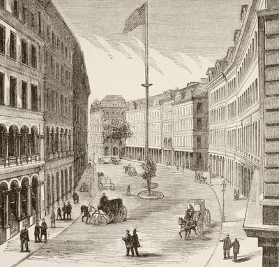 Franklin Street, Boston, Massachusetts en la década de 1870 (litografía) de English School