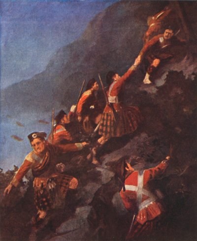 Fraser Highlanders asaltando las alturas en Quebec (litografía en color) de English School