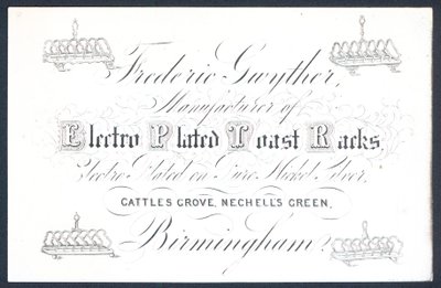 Frederic Gwyther, fabricante de rejillas para tostadas electrochapadas, tarjeta comercial de English School