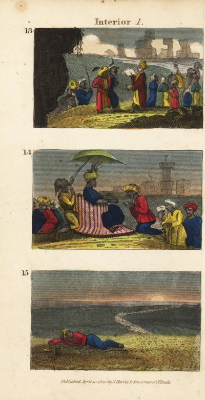 Frederick Horneman leyendo el Corán a los bereberes del oasis de Siwa, una caravana saludando al sultán de Fezzan, y un viajero dejado atrás en el desierto de English School