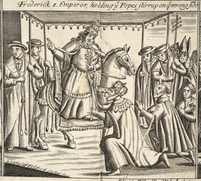 Federico I, emperador, sosteniendo el estribo del Papa en el lado equivocado, ilustración de Hechos y Monumentos de John Foxe, novena edición, pub. 1684 de English School