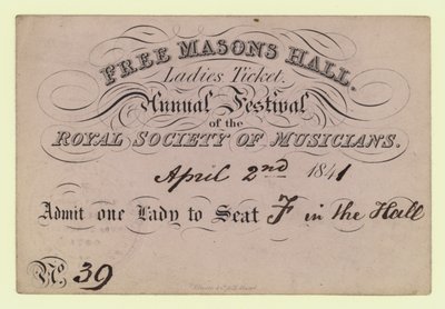 Entrada para damas, Festival Anual, Real Sociedad de Músicos, 2 de abril de 1841 de English School
