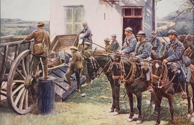 Lanceros franceses llegando a un puesto avanzado del pueblo, en ayuda de las fuerzas británicas, 1914-19 de English School